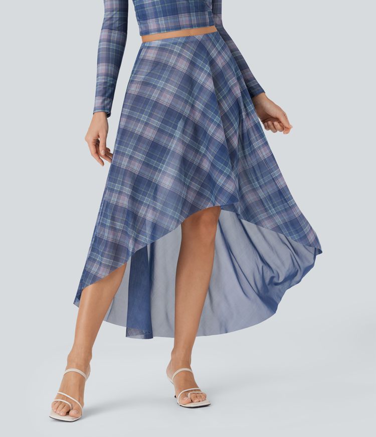 Falda larga fluida con tiro alto de malla transparente con tiro alto y cuadros escoceses