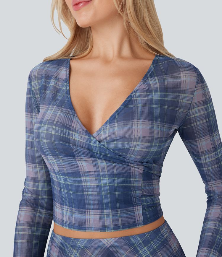 Sheer Mesh V-Neck Wrapped Tie-Back Top