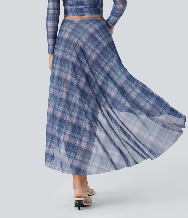 Falda larga fluida con tiro alto de malla transparente con tiro alto y cuadros escoceses