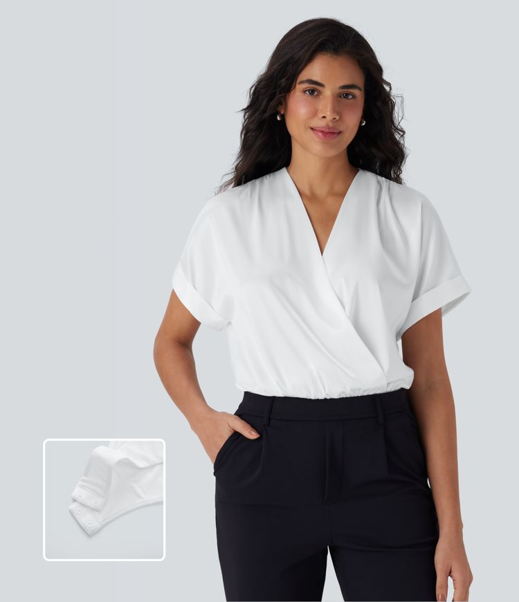 Crossover V-Neck Batwing-Sleeve Snap Button Satin Work Bodysuit
