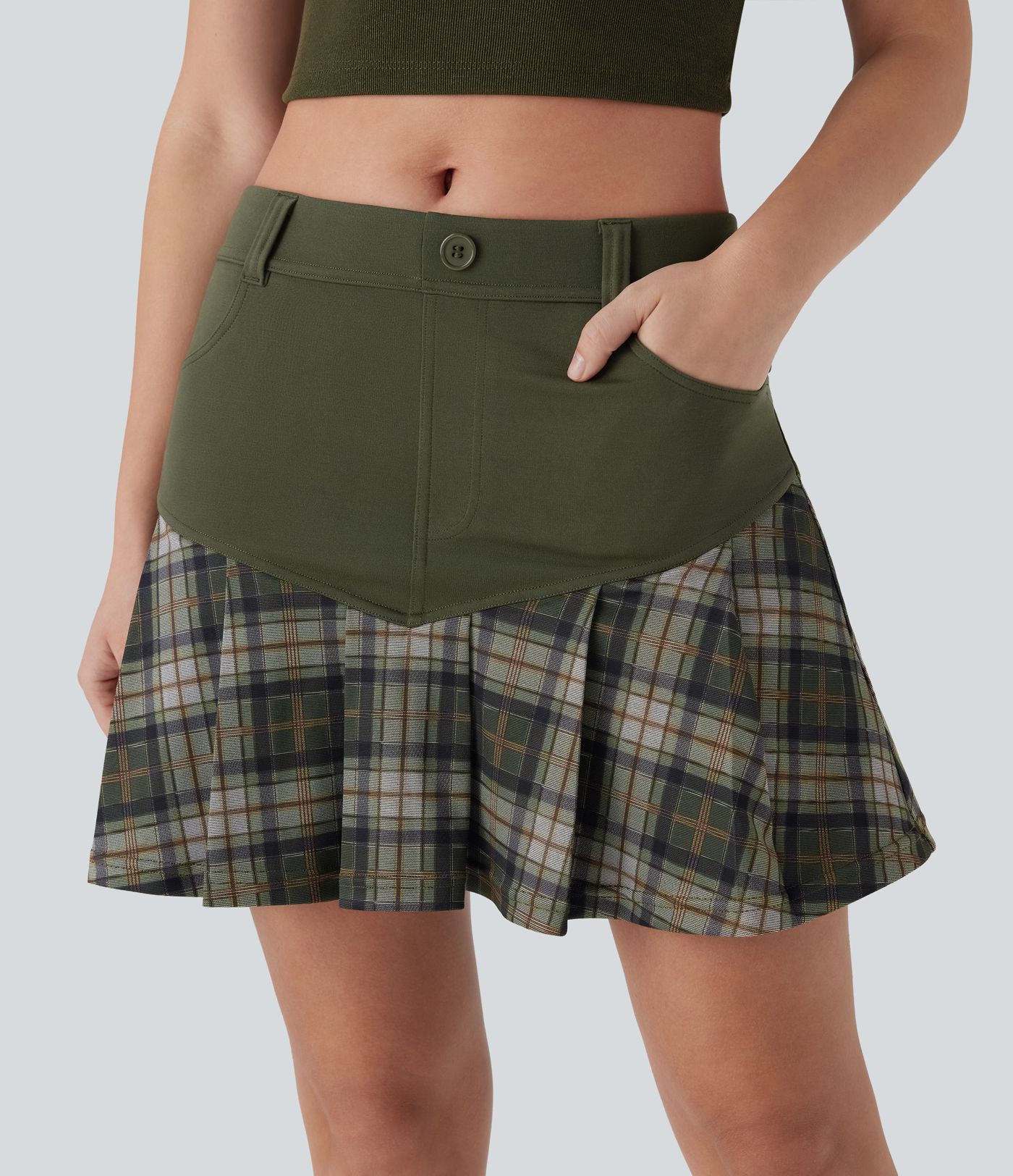 Mid Rise 2-in-1 Contrast Plaid Pleated Mini Casual Skirt with Pockets
