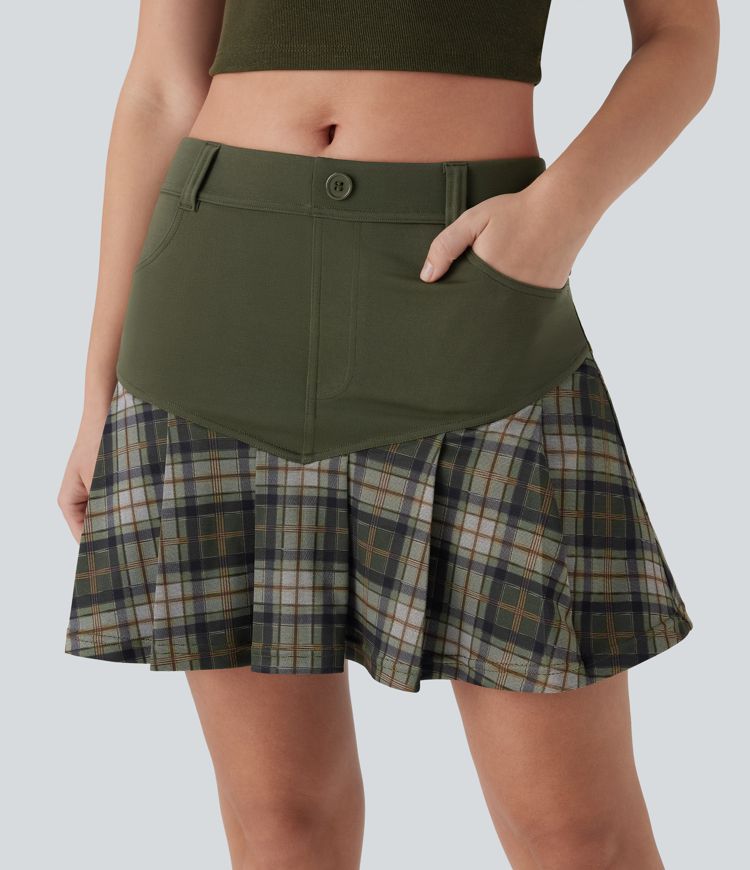 Jupe-short décontractée courte plissée à carreaux contrastés taille mi-haute 2-en-1 avec poches