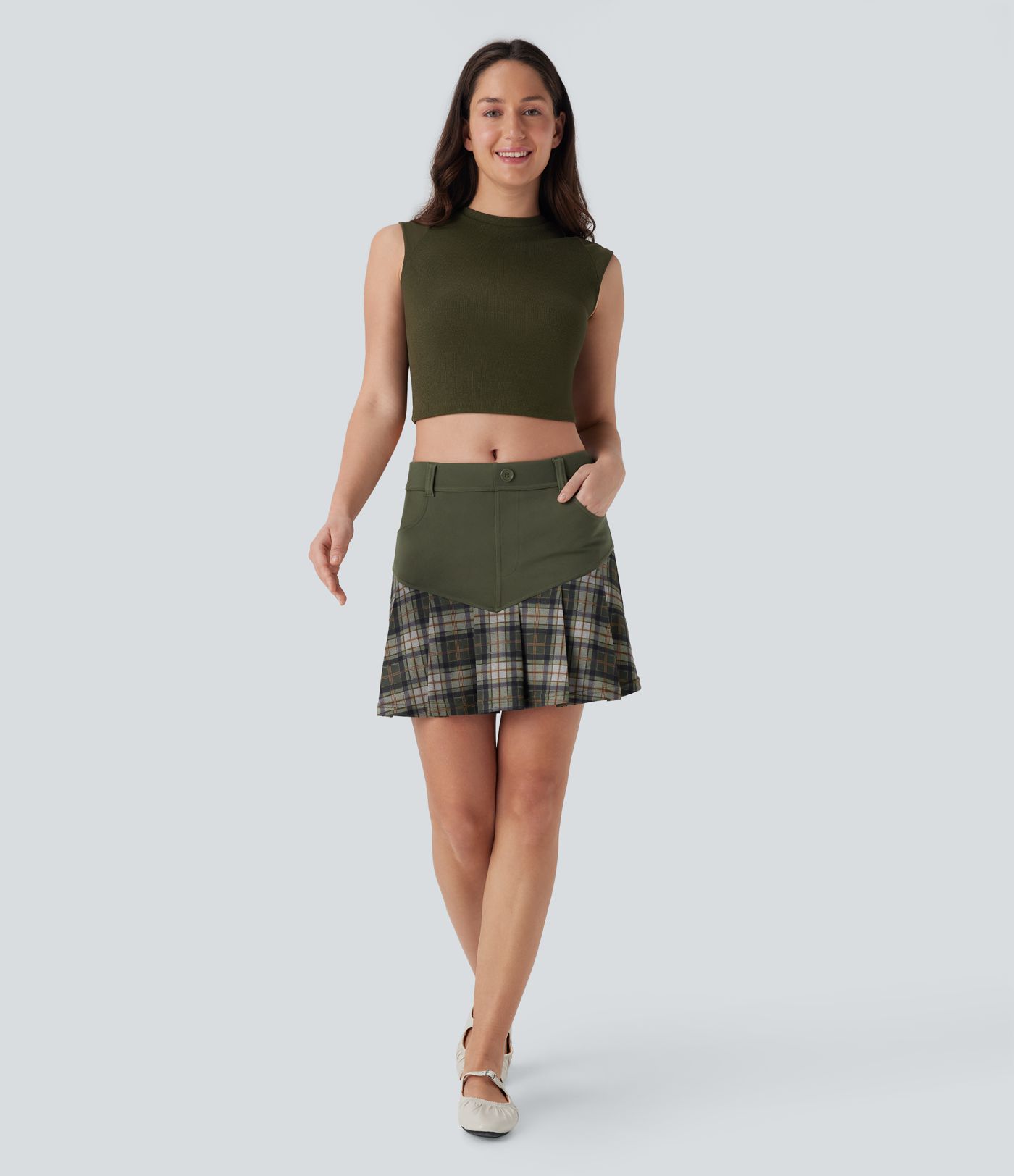 Mid Rise 2-in-1 Contrast Plaid Pleated Mini Casual Skirt with Pockets