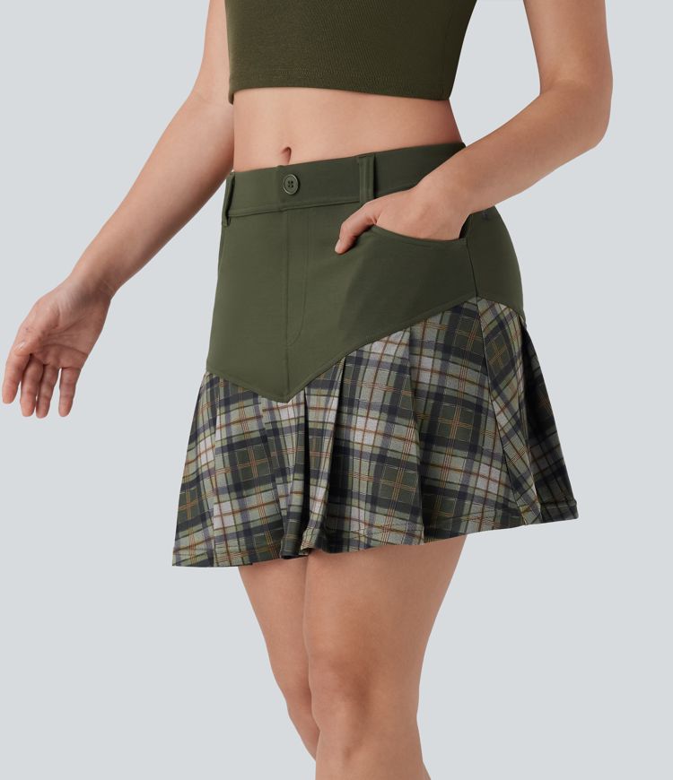 Mid Rise 2-in-1 Contrast Plaid Pleated Mini Casual Skirt with Pockets