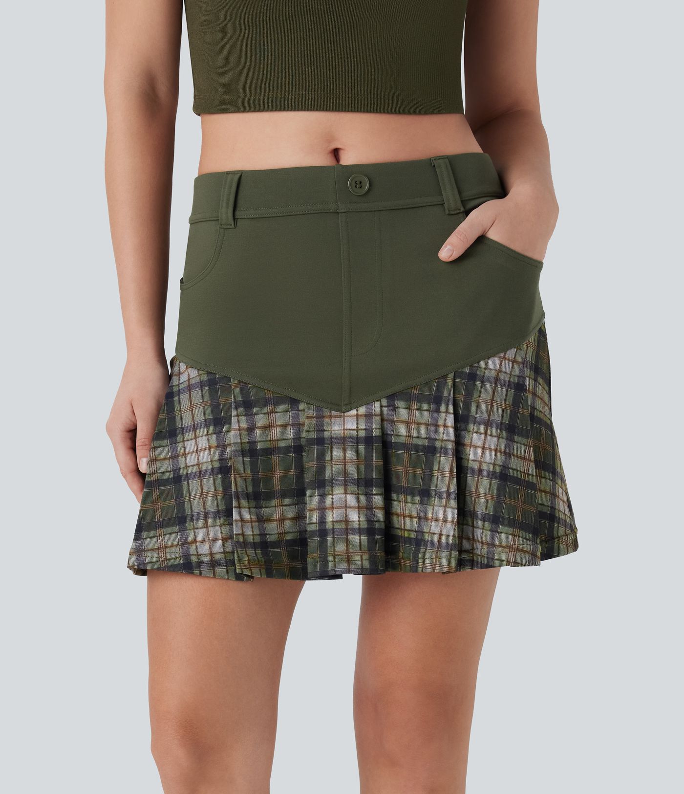 Mid Rise 2-in-1 Contrast Plaid Pleated Mini Casual Skirt with Pockets