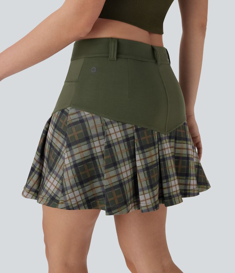 Jupe-short décontractée courte plissée à carreaux contrastés taille mi-haute 2-en-1 avec poches