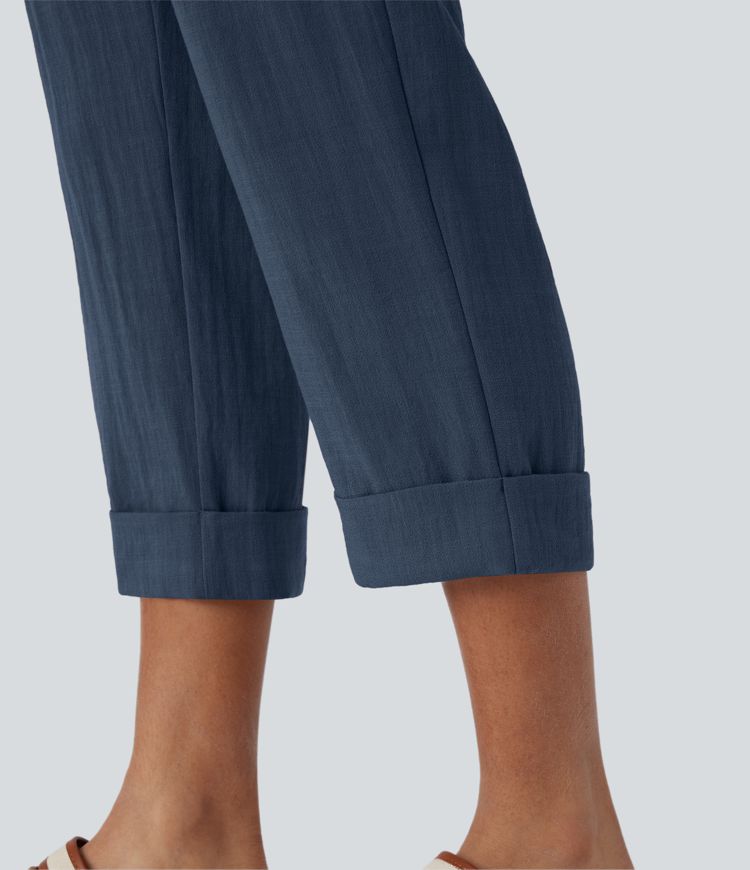 High Waisted Zipper Pocket Capri Linen-Feel Pants