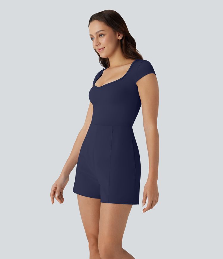 SoftlyZero™ Airy U Neck Cap Sleeve Pocket Cool Touch Yoga Romper-Easy Peezy