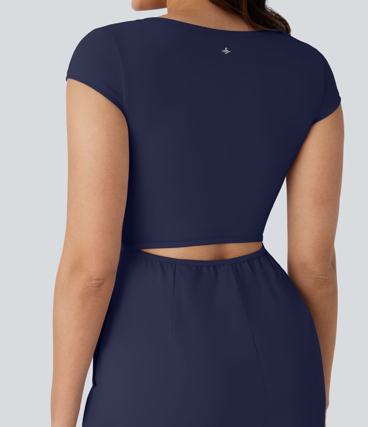 SoftlyZero™ Airy U Neck Cap Sleeve Pocket Cool Touch Yoga Romper-Easy Peezy