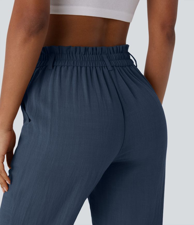 High Waisted Zipper Pocket Capri Linen-Feel Pants