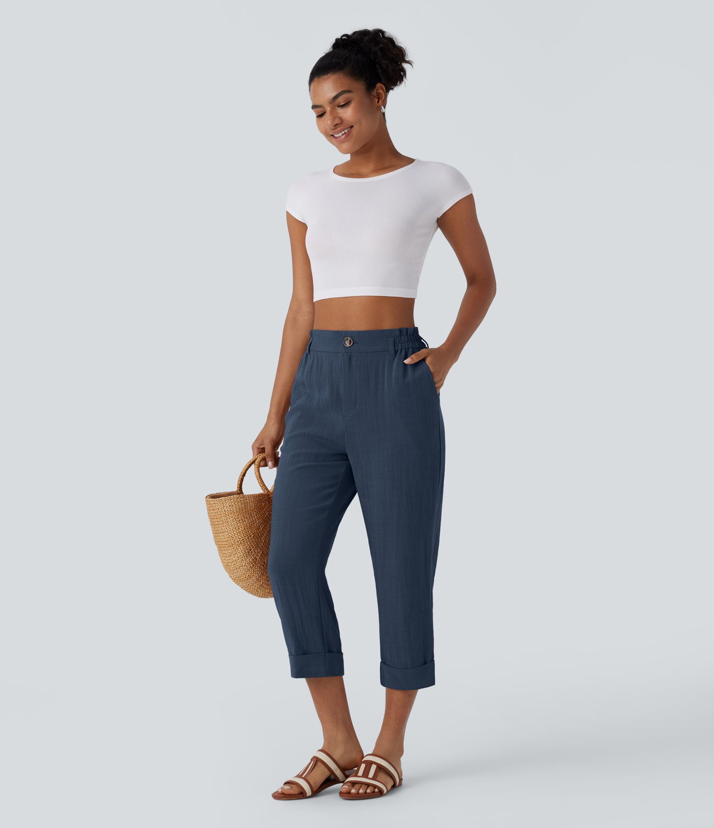 High Waisted Side Pocket Capri Women Linen-Feel Pants