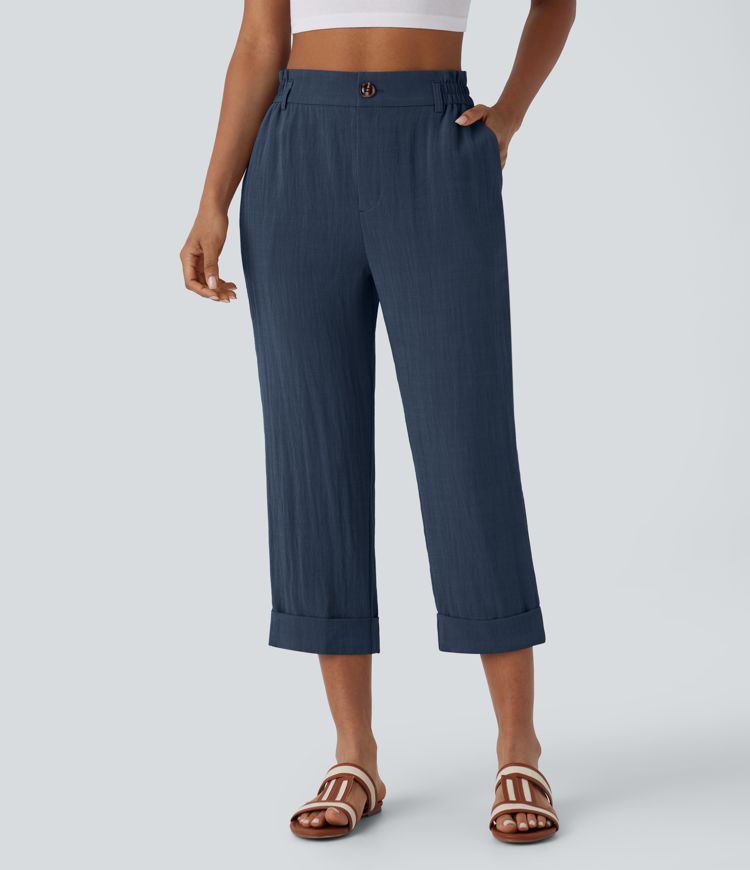 High Waisted Zipper Pocket Capri Linen-Feel Pants
