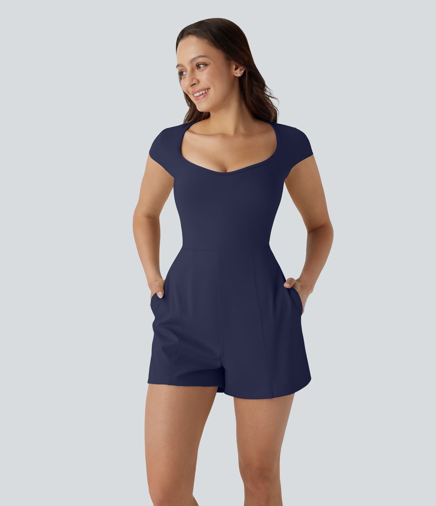 SoftlyZero™ Airy U Neck Cap Sleeve Pocket Cool Touch Yoga Romper-Easy Peezy