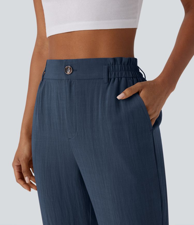 High Waisted Zipper Pocket Capri Linen-Feel Pants