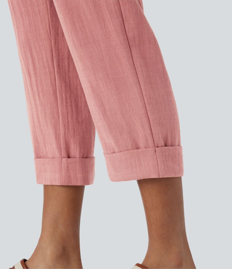 High Waisted Button Zipper Side Pocket Capri Resort Linen-Feel Trousers