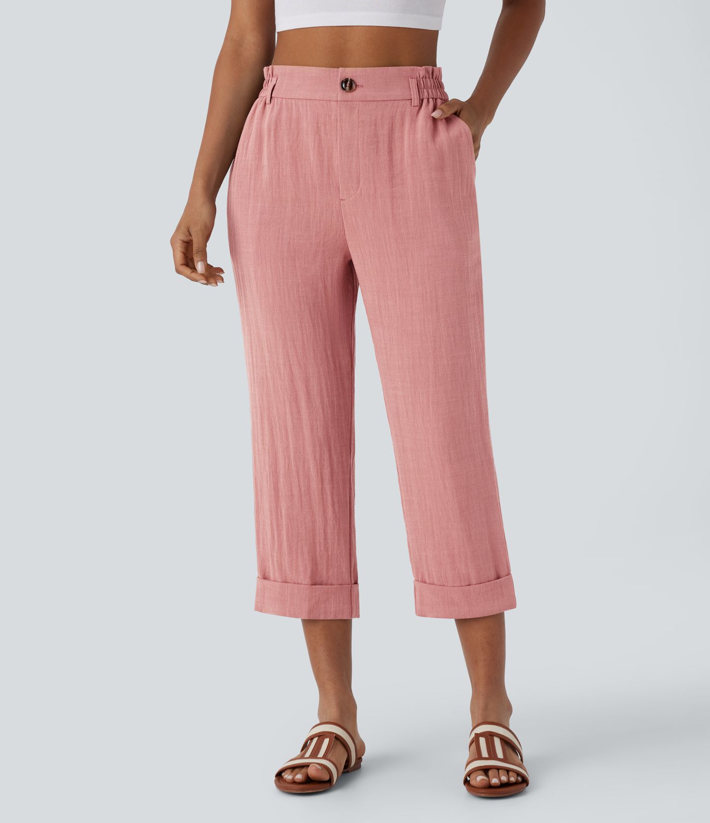 High Waisted Zipper Pocket Cropped Linen-Feel Pants