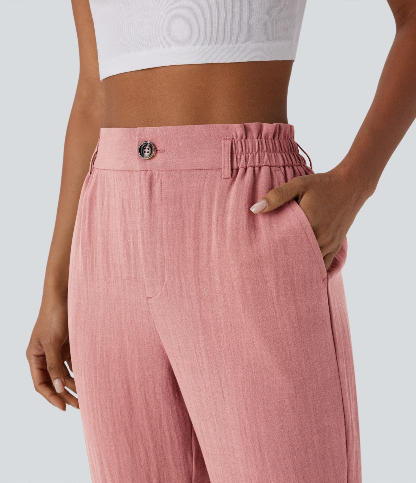 High Waisted Zipper Pocket Cropped Linen-Feel Pants