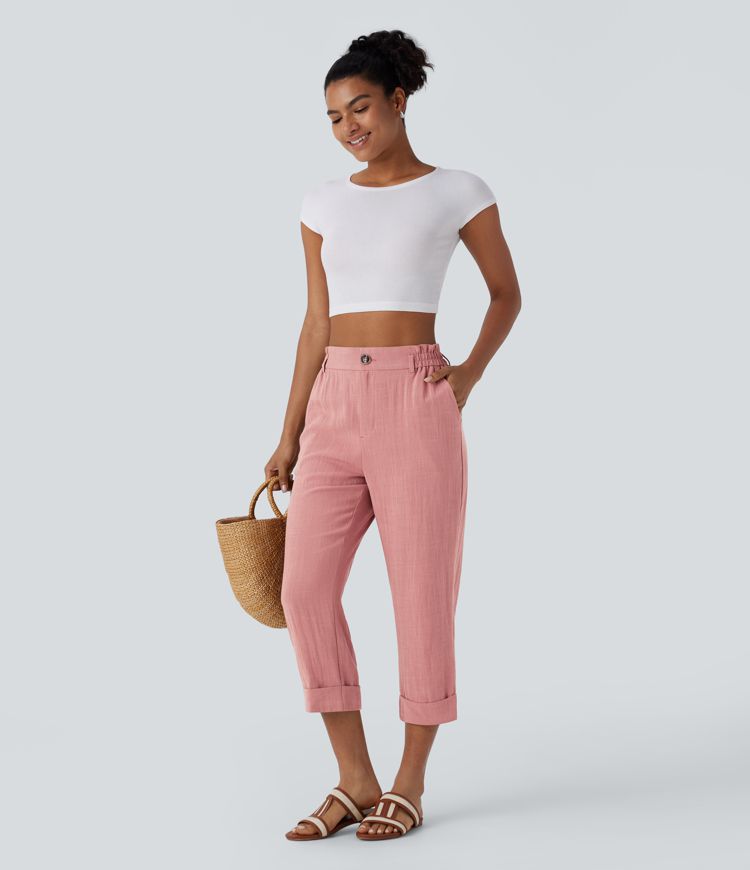 High Waisted Button Zipper Side Pocket Capri Resort Linen-Feel Trousers