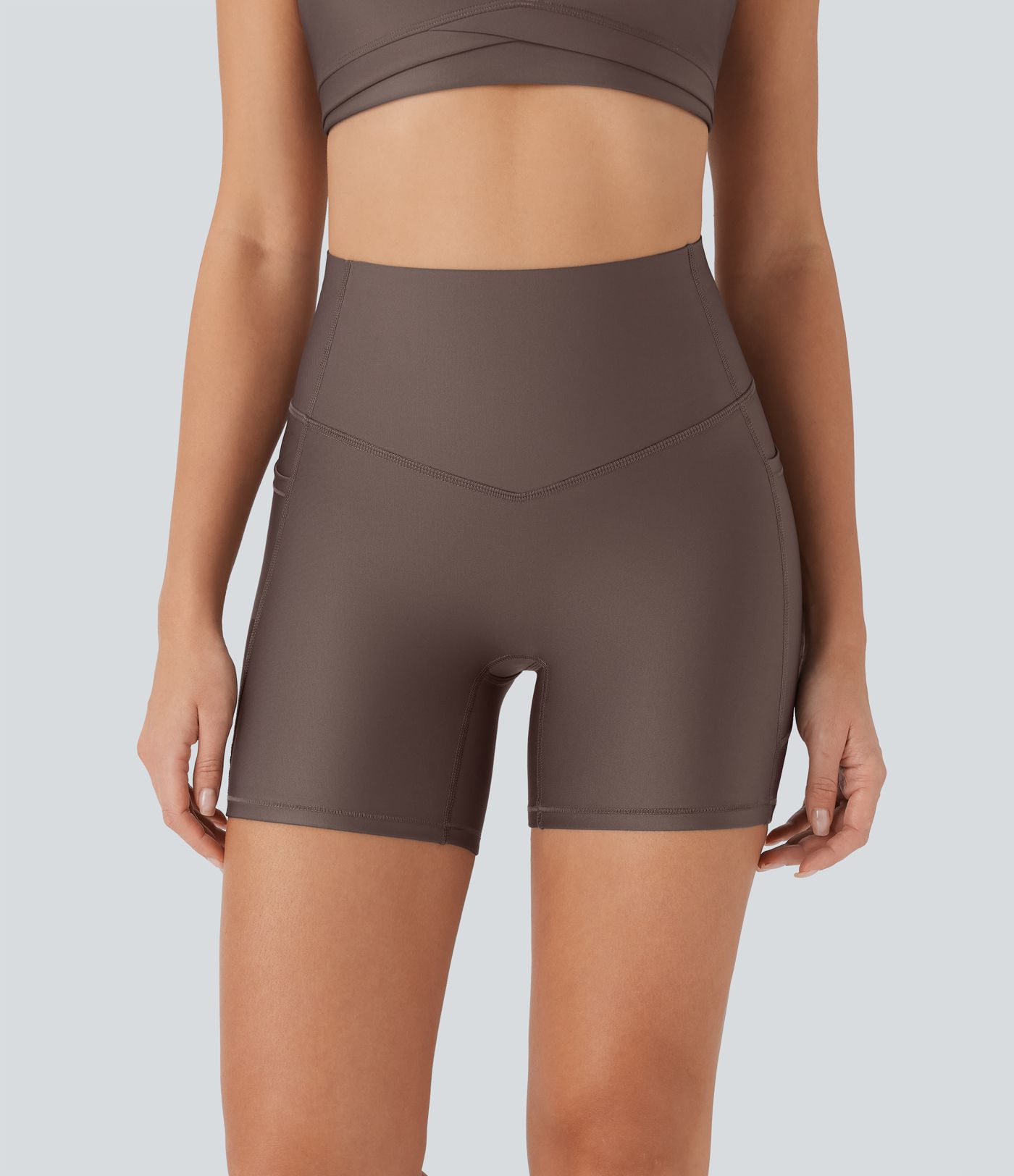 High Waisted Tummy Control Pocket Sheen Running Biker Shorts 5''