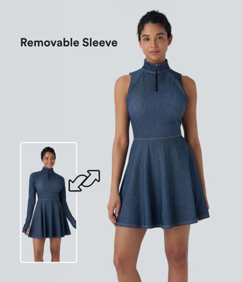 Halara Flex™ Zipper Removable Sleeve Thumb Hole Flare Mini  Washed Denim Tennis Active Dress