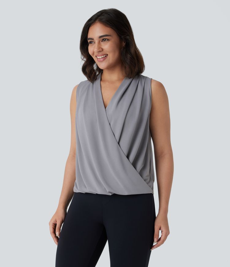 V Neck Sleeveless Wrapped Crossover Work Blouse