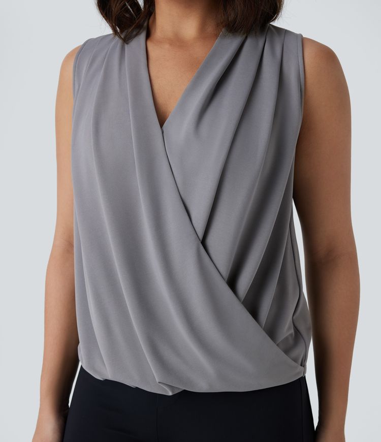 V Neck Sleeveless Wrapped Crossover Work Blouse