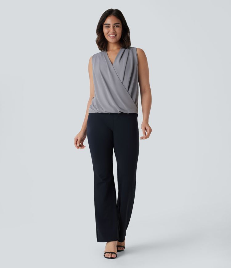 V Neck Sleeveless Wrapped Crossover Work Blouse