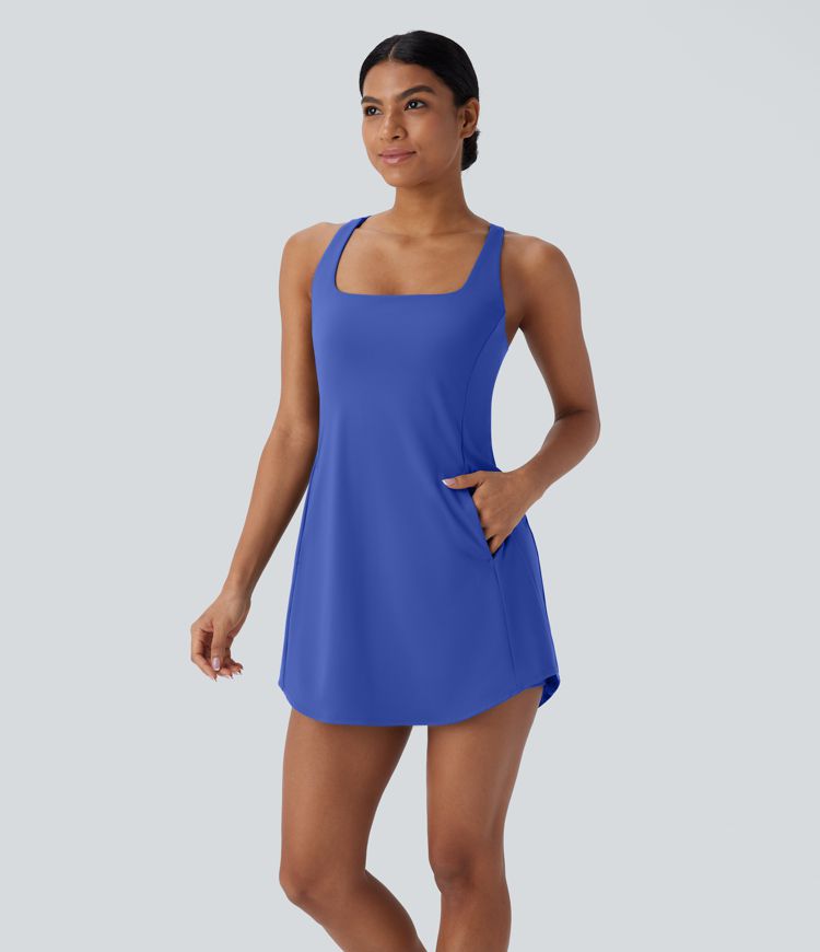 Softlyzero™ Plush Backless Crisscross Cut Out Side Pocket 2-Piece Mini Yoga Active Dress