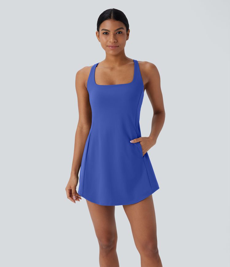 Softlyzero™ Plush Backless Crisscross Cut Out Side Pocket 2-Piece Mini Yoga Active Dress