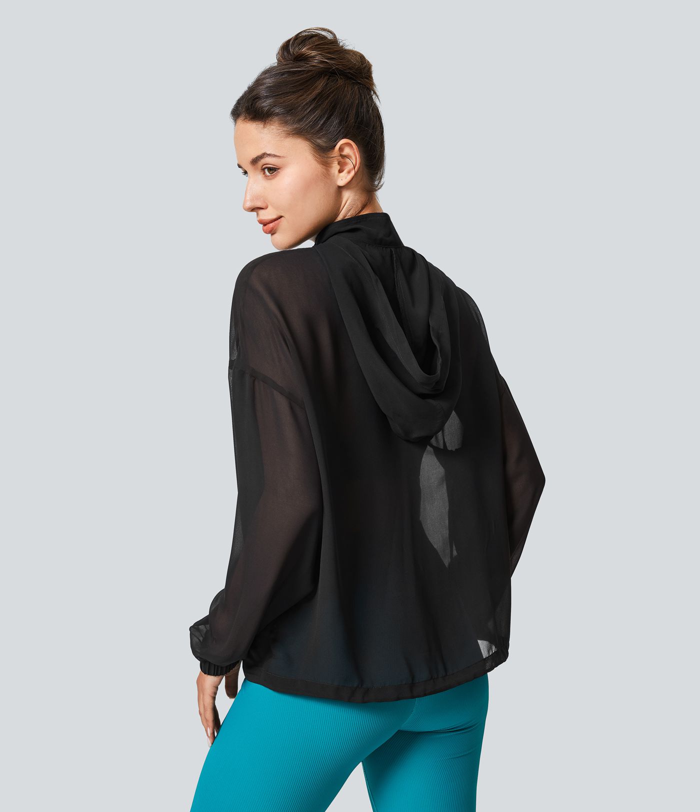 Oversized Hooded Chiffon Hiking Jacket with Zipper and Adjustable Drawstring