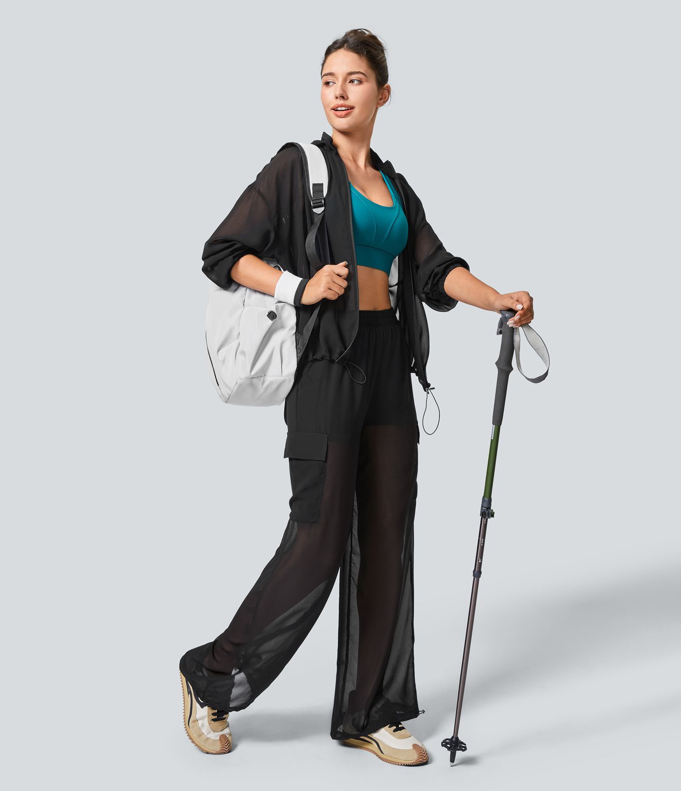 Oversized Hooded Chiffon Hiking Jacket with Zipper and Adjustable Drawstring