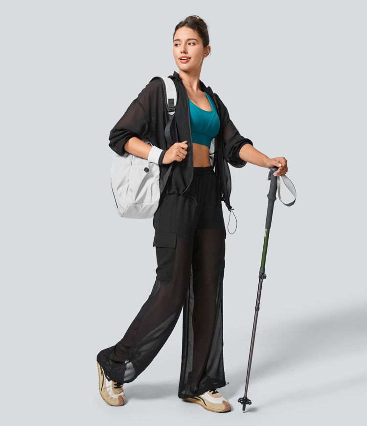 Oversized Hooded Chiffon Hiking Jacket with Zipper and Adjustable Drawstring