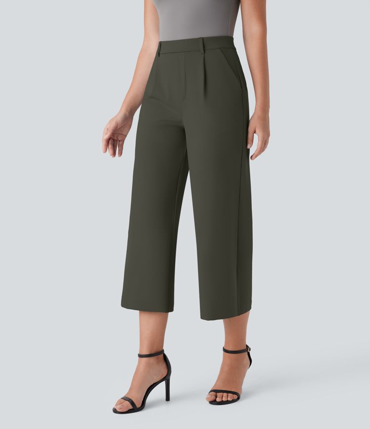  High Waisted Side Pocket Straight Leg Capri Work Pants