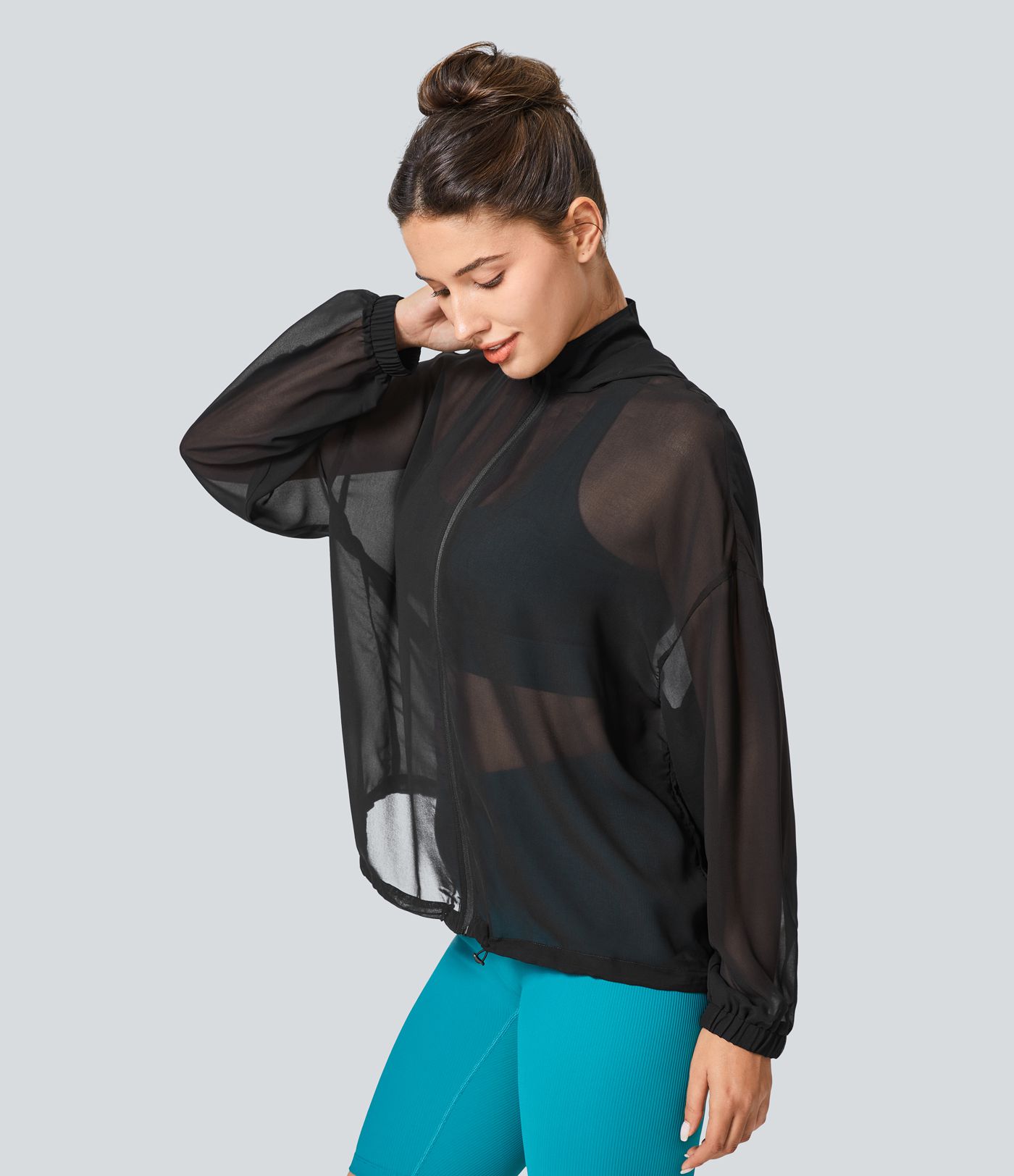 Oversized Hooded Chiffon Hiking Jacket with Zipper and Adjustable Drawstring