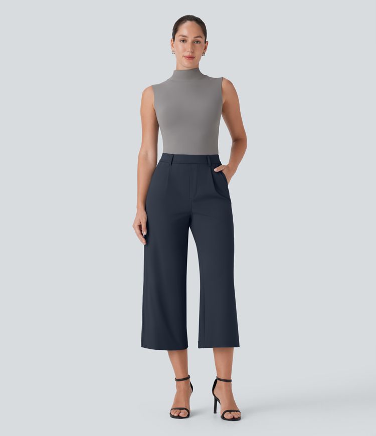 Pantalón oficina capri pierna recta bolsillo lateral tiro alto