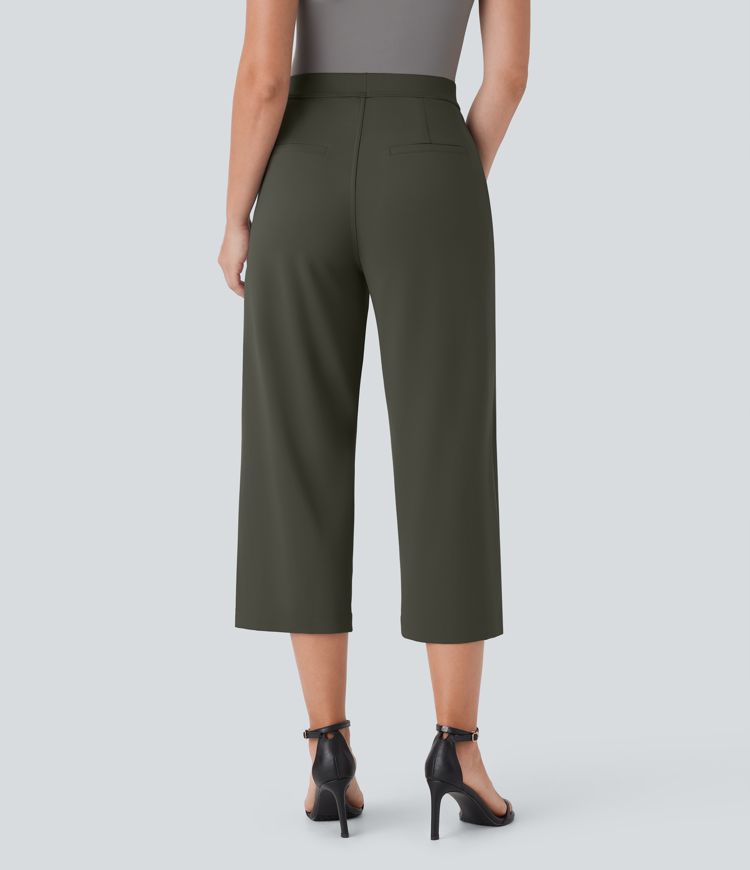  High Waisted Side Pocket Straight Leg Capri Work Pants