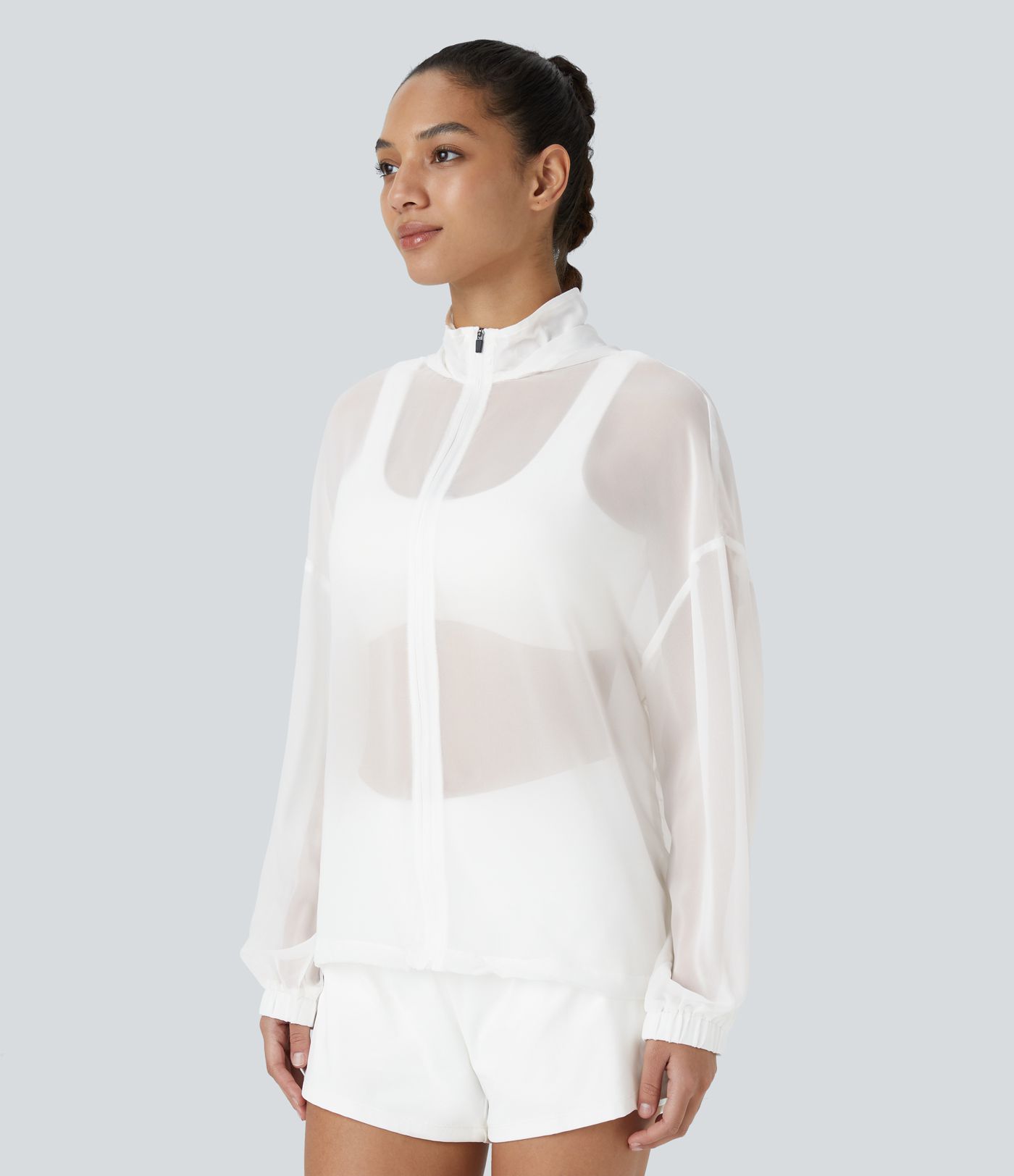 Chaqueta de gasa transparente extra grande con capucha cordón ajustable y cremallera para senderismo