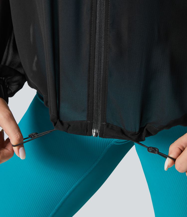 Oversized Hooded Chiffon Hiking Jacket with Zipper and Adjustable Drawstring