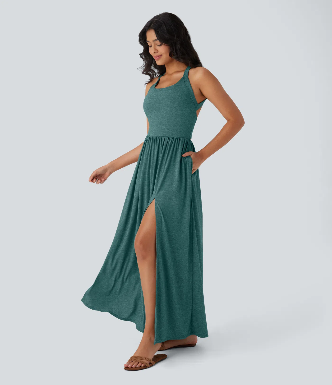 Backless Twisted Side Pocket Split Flowy Maxi Resort Dress