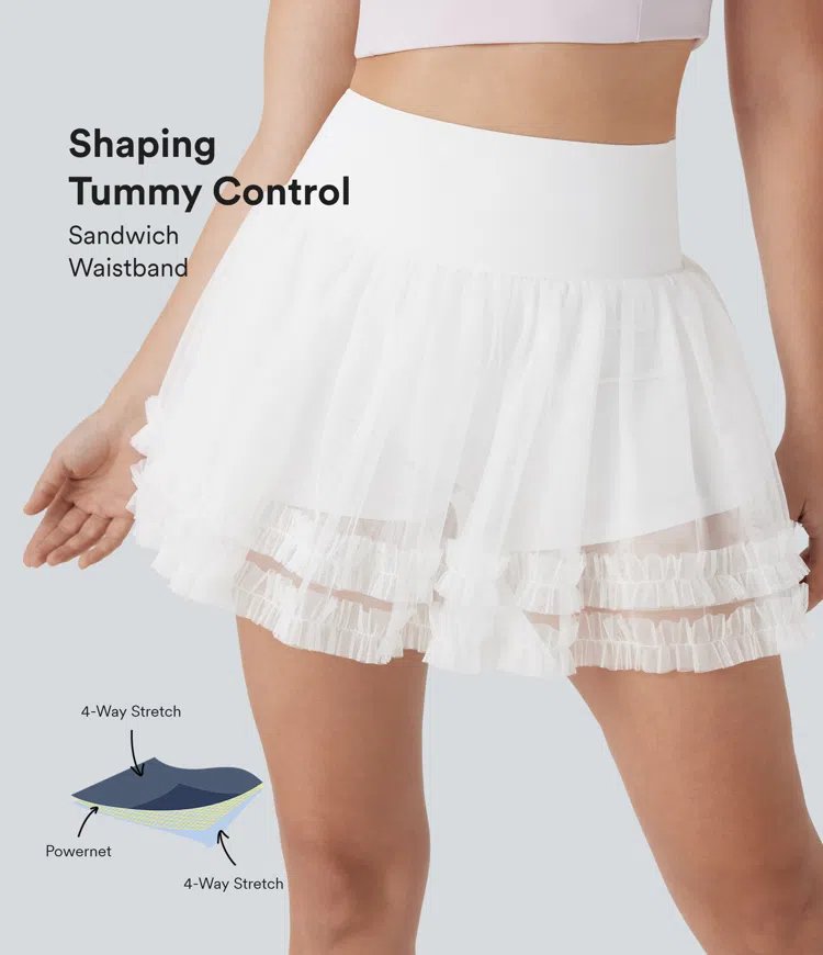 SoCinched High Waisted Tummy Control Contrast Mesh 2-in-1 Mini Dance Skirt with Pockets