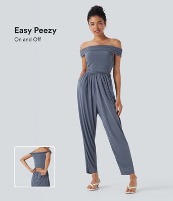 Off Shoulder Back Zipper Casual Jumpsuit with Pockets-Easy Peezy