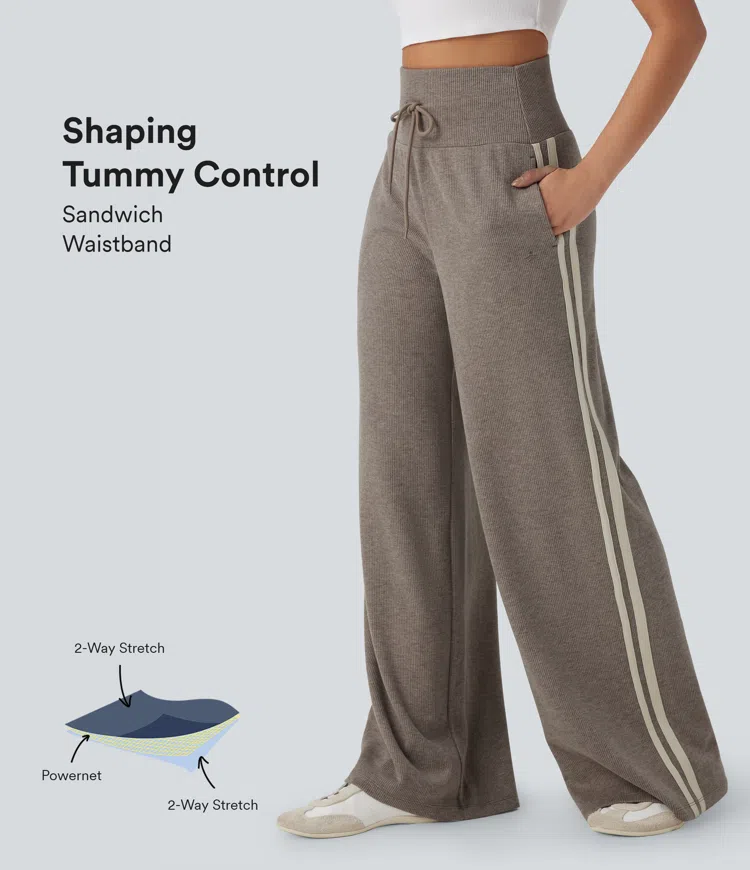 Ribbed SoCinched High Waisted Tummy Control Drawstring Wide Leg Color Block Casual Pants with Pockets