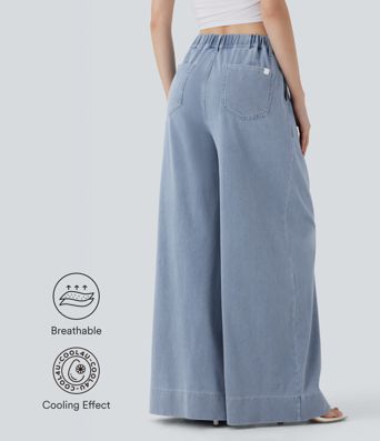 Halara Flex™ Jeans mit hoher Taille und weitem Bein, kühlende, schnelltrocknende, dehnbare Strickjeans aus Denim mit mehreren Taschen