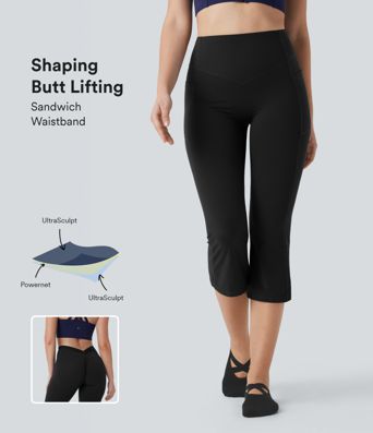 Halara UltraSculpt™ High Waisted Tummy Control Butt Lifting Ruched Capri Yoga Bootcut Leggings with Pockets