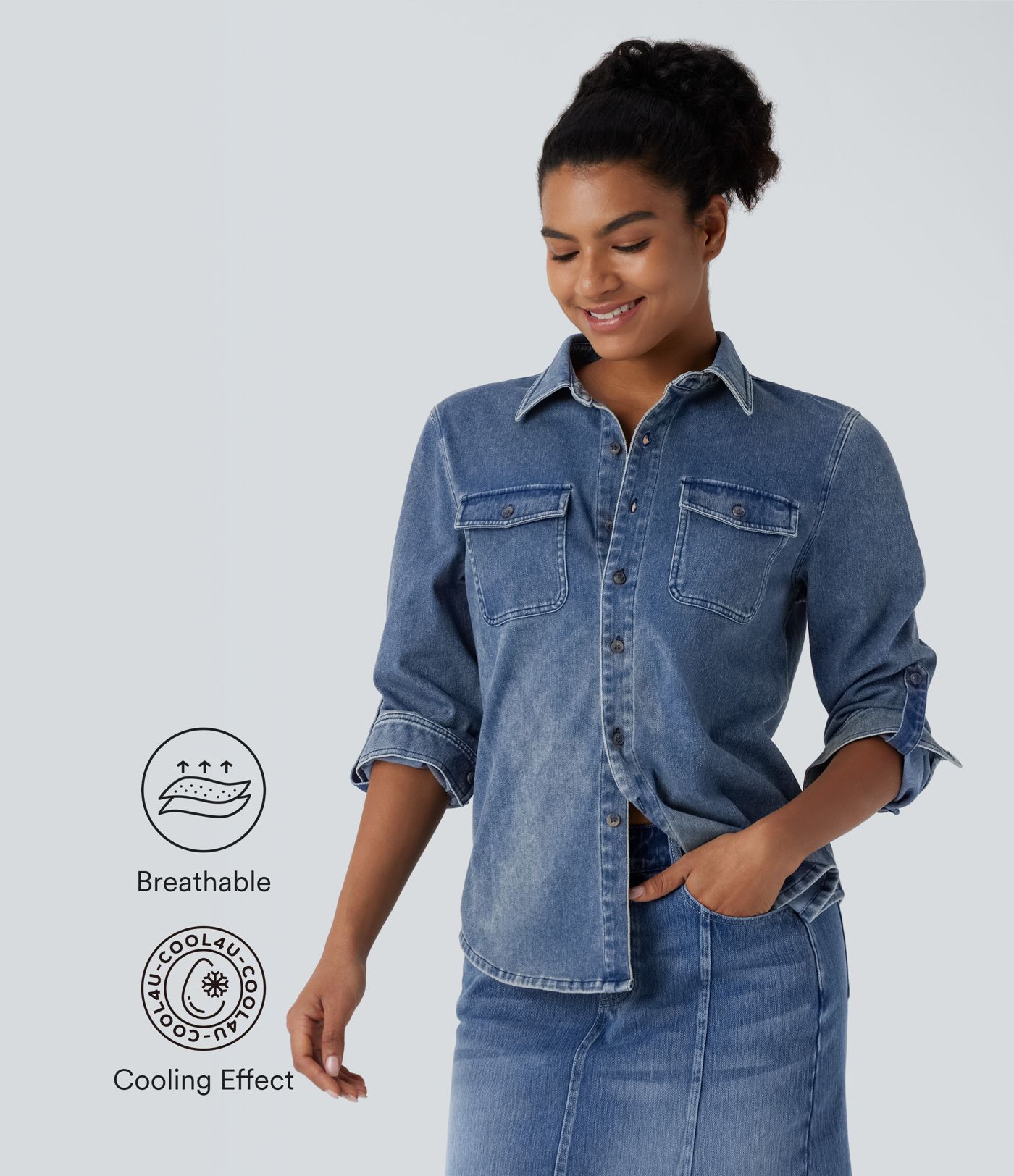 Camisa Halara Flex™ Denim mezclilla elástico tacto fresco bolsillo pecho botón manga larga cuello