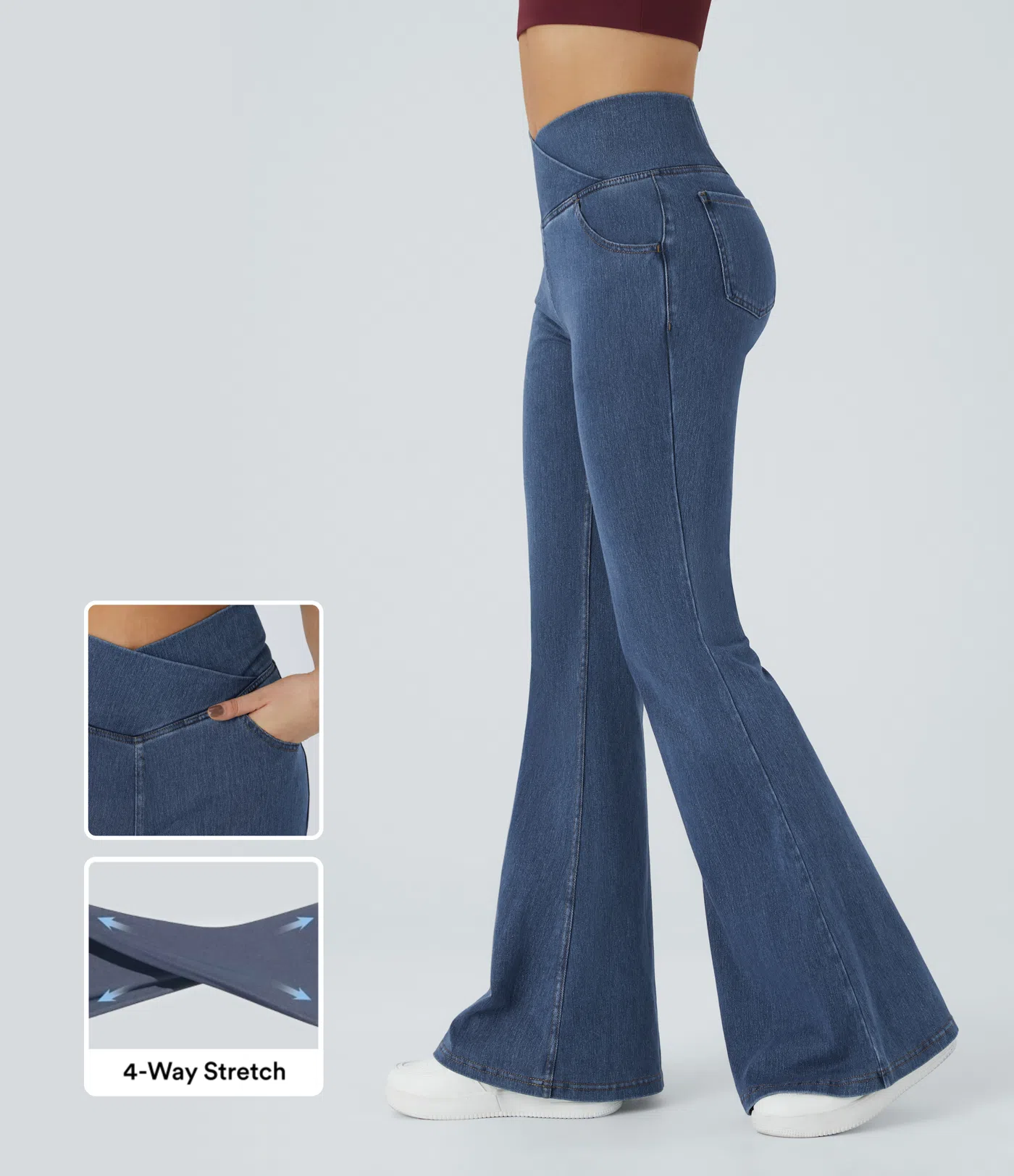 Halara Flex™ gewaschene, lässige Crossover-Flare-Jeans aus elastischem Strick-Denim mit Seitentaschen