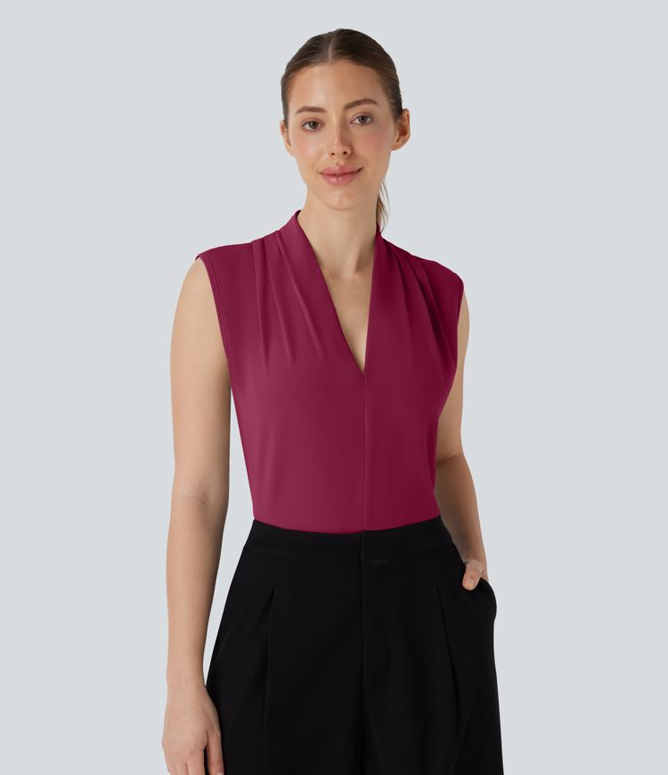 V Neck Sleeveless Womens Work Blouse Top Shirt