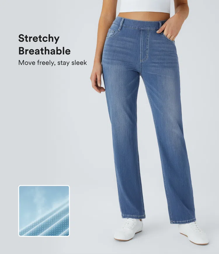 Halara Flex™ High Waisted Multiple Pockets Straight Leg Washed Stretchy Knit Casual Jeans