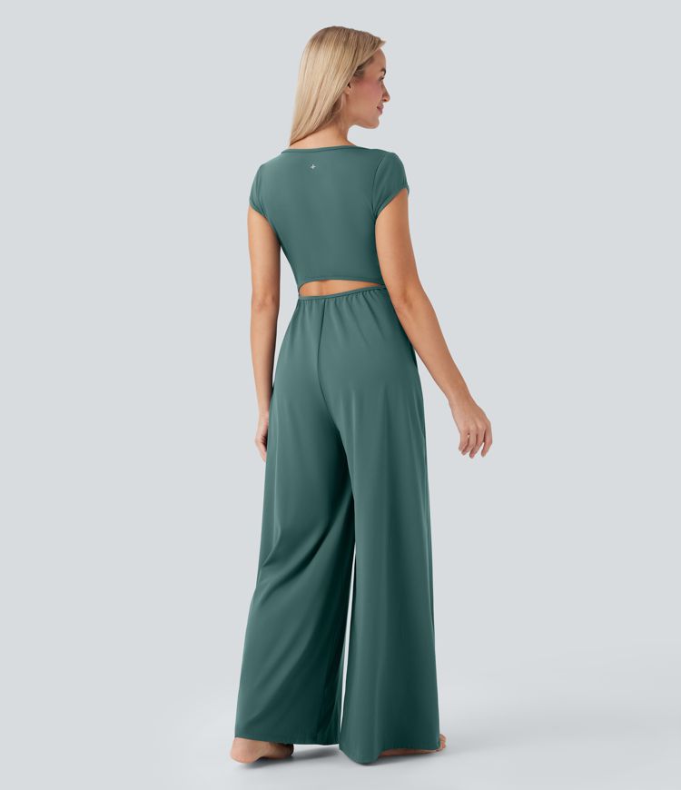 Softlyzero™ Airy Notched Collar Short Sleeve Wide Leg Cool Touch Yoga Jumpsuit with Side Pockets-Easy Peezy Edition