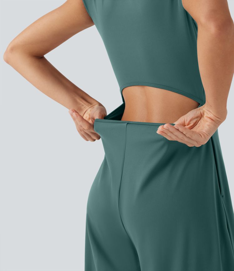 Softlyzero™ Airy Notched Collar Short Sleeve Wide Leg Cool Touch Yoga Jumpsuit with Side Pockets-Easy Peezy Edition